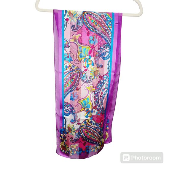 Adrienne Landau Purple Retro Colorful Paisley & Floral Scarf  52"X 11" - Picture 1 of 9